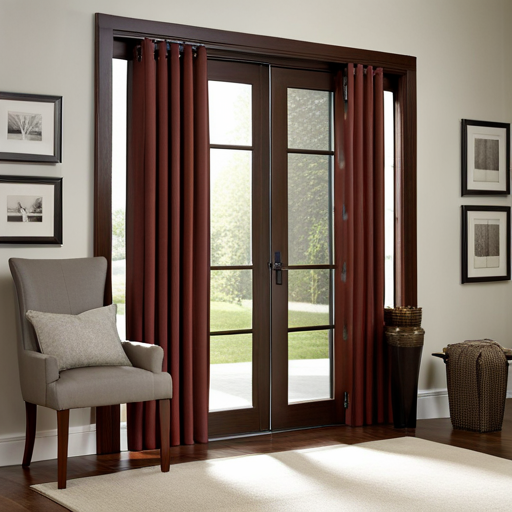 Double doors with sidelight windows and dark red drapes.