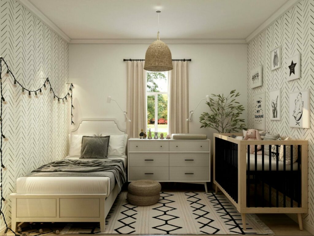 Decorated bedroom with a child’s bed, a crib, and long beige curtains.