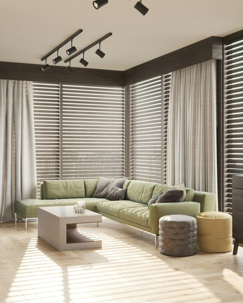 Living room with blinds.