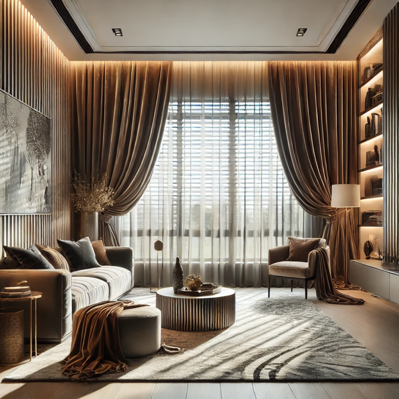 Luxurious living room with layered window treatments featuring blinds and flowing velvet curtains.